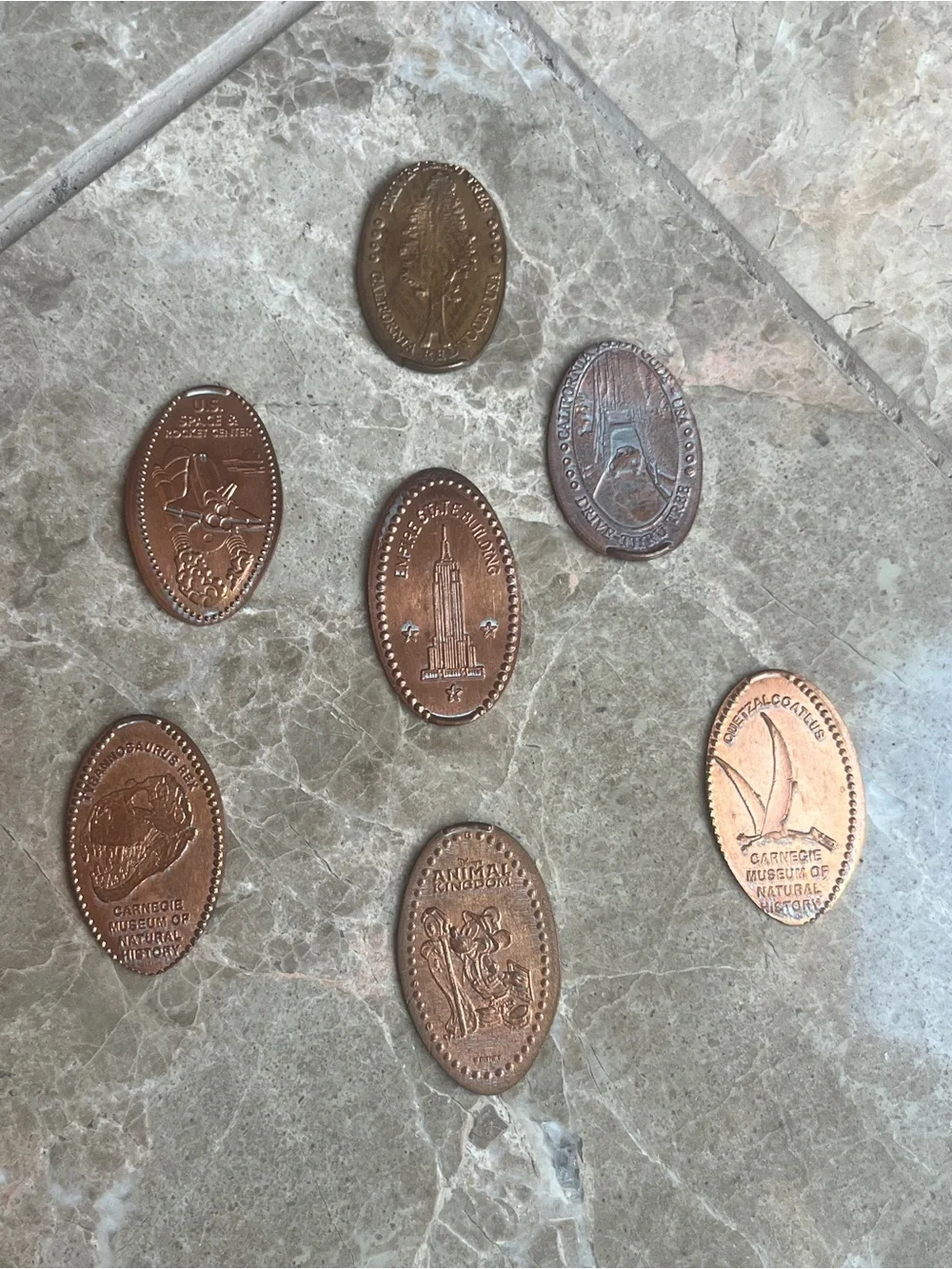 Pressed Souvenir United States Penny Set - Copper-Tone Collectible Lot of 7